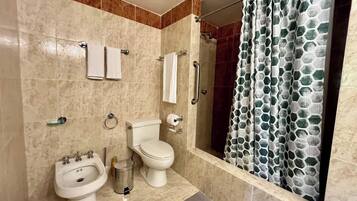 Shower, hair dryer, shampoo