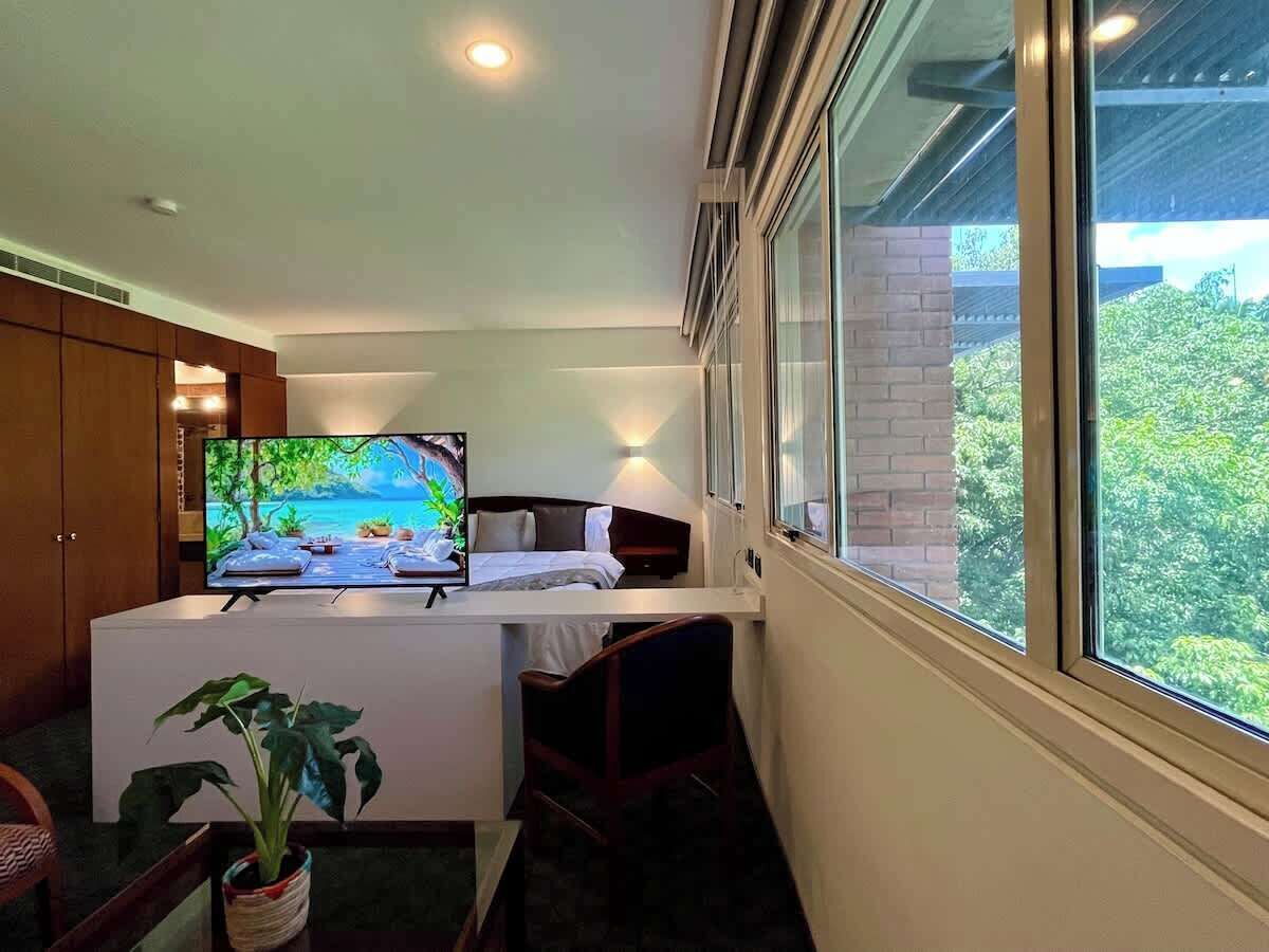 A bedroom with a bed, a desk, a television, and a window with a view of greenery.