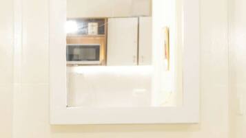 A bathroom with a white sink, a mirror, and a small plant on the counter.