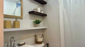Chuveiro, secador de cabelo, shampoo