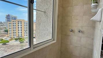 Shower, hair dryer, shampoo