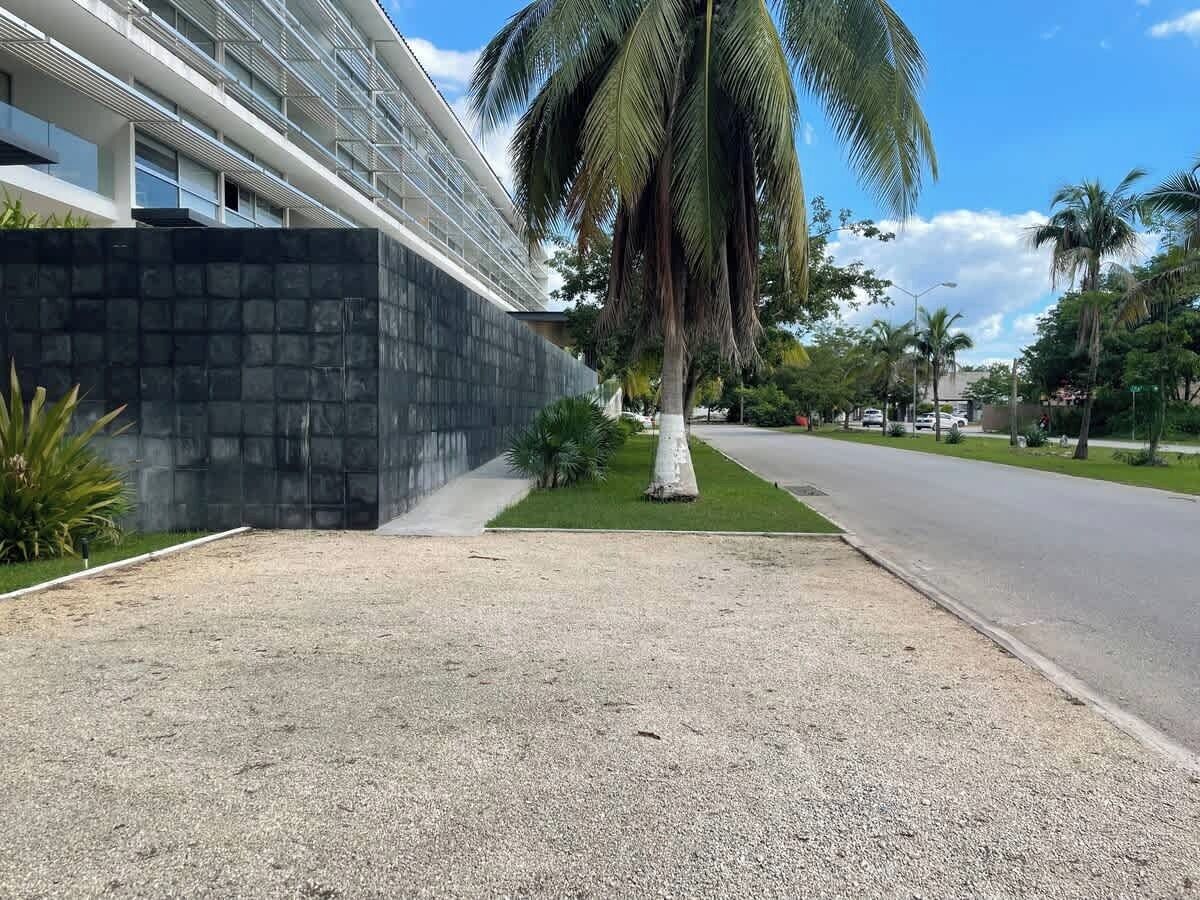 Un bâtiment moderne à la façade en béton, avec un palmier au premier plan et un ciel dégagé.