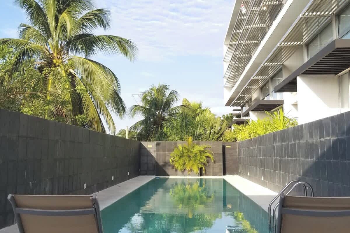 A swimming pool with a view of a modern building and palm trees.