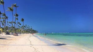 Uma praia com águas azul-claras, palmeiras e uma faixa de areia.