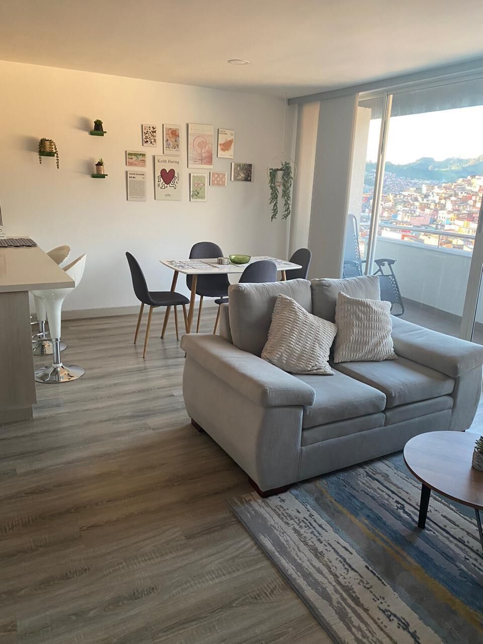 A modern living room with a grey sofa, a dining table, and chairs. There are wall-mounted shelves with plants and framed pictures. A large window offers a view of a cityscape.