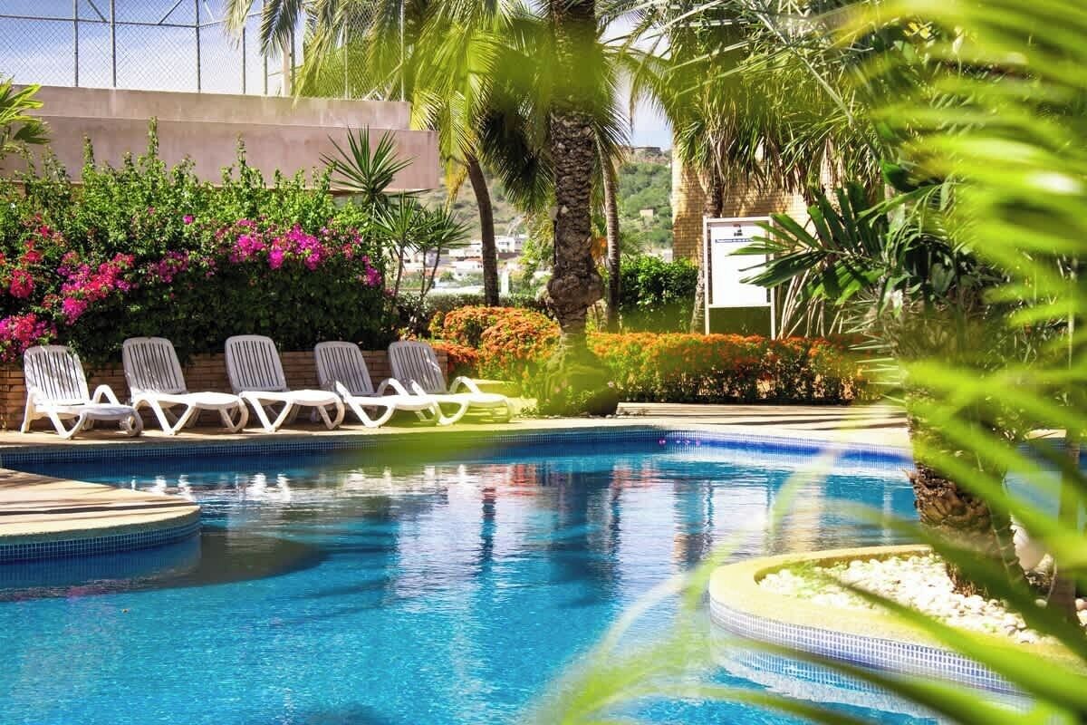 Une piscine entourée de chaises longues, de verdure luxuriante et de palmiers.