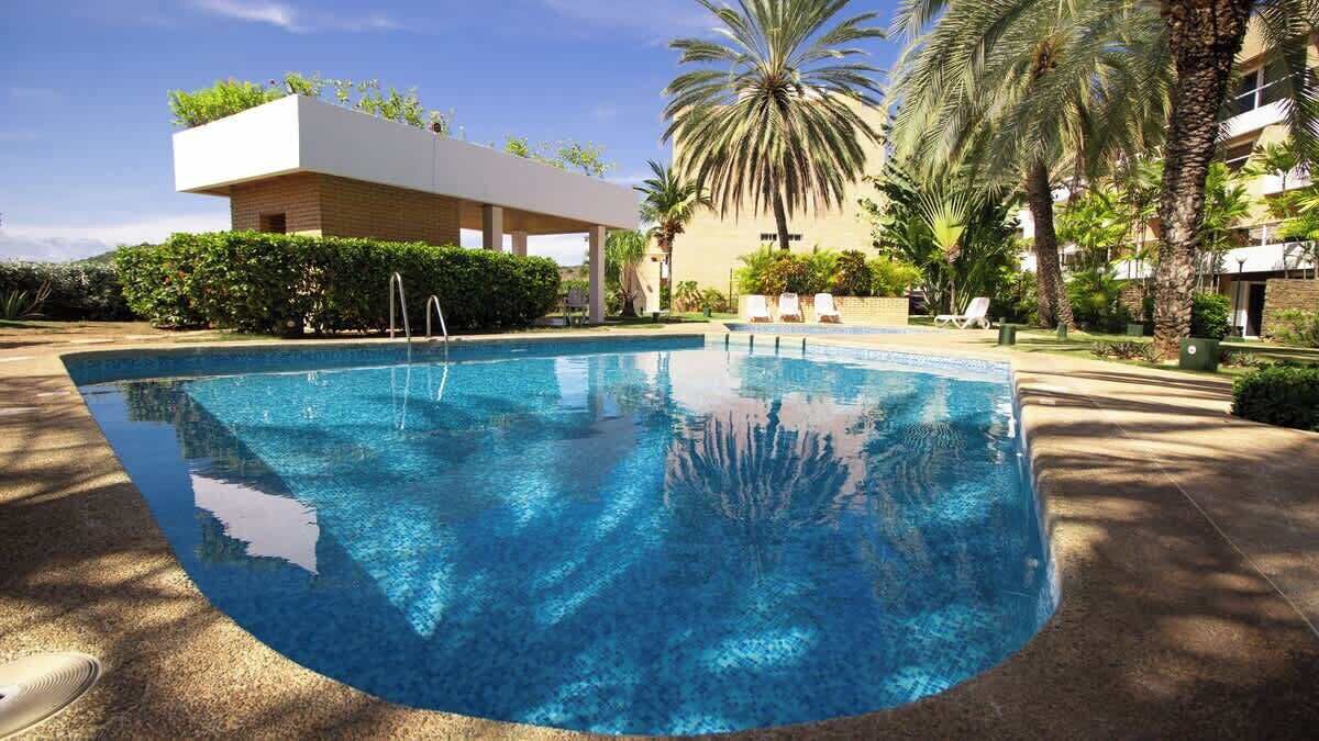 Ein Schwimmbecken mit klarem, blauem Wasser, umgeben von Palmen und einem modernen Gebäude mit flachem Dach.