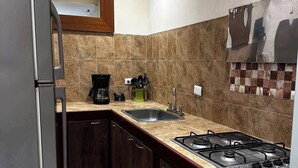 Una cocina con refrigerador de acero inoxidable, estufa a gas, un lavamanos y gabinetes de madera.