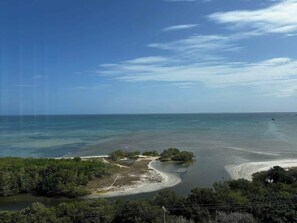 Eine Küstenlandschaft mit blauem Himmel, sandigem Strand und einer kleinen, bewachsenen Insel.