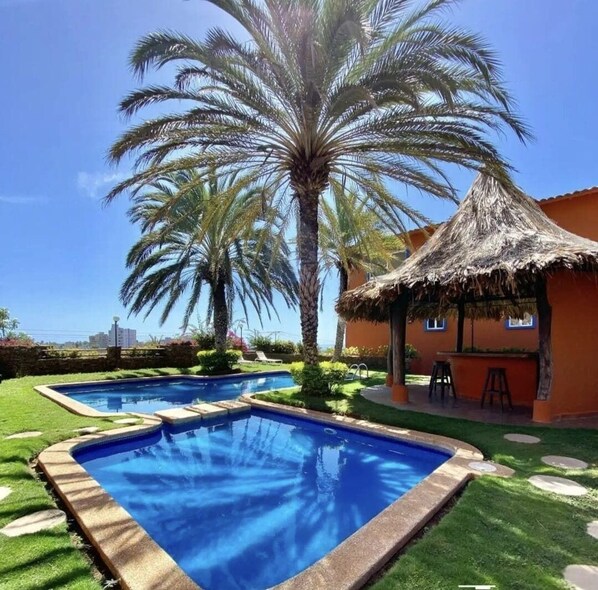 A swimming pool with a thatched-roof structure and palm trees.