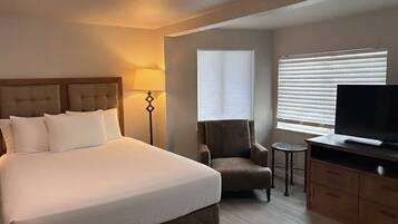 Une chambre d’hôtel avec un grand lit, une télévision, une chaise, une lampe et une fenêtre avec des stores.