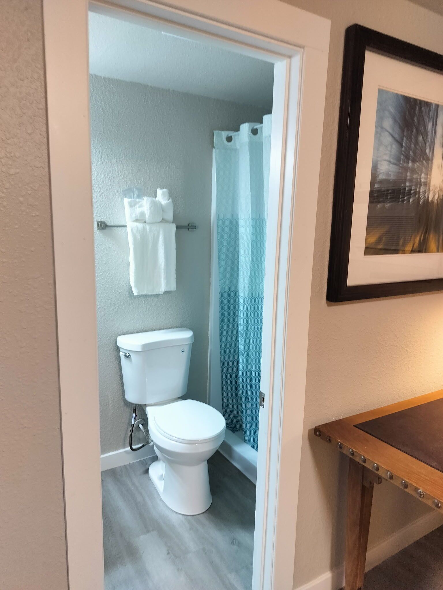 Une salle de bain équipée de toilettes, d’un rideau de douche et d’un porte-serviettes.