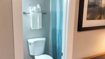 Une salle de bain équipée de toilettes, d’un rideau de douche et d’un porte-serviettes.
