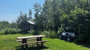 Ein Picknicktisch in einer grünen Wiese, im Hintergrund eine kleine Holzhütte.