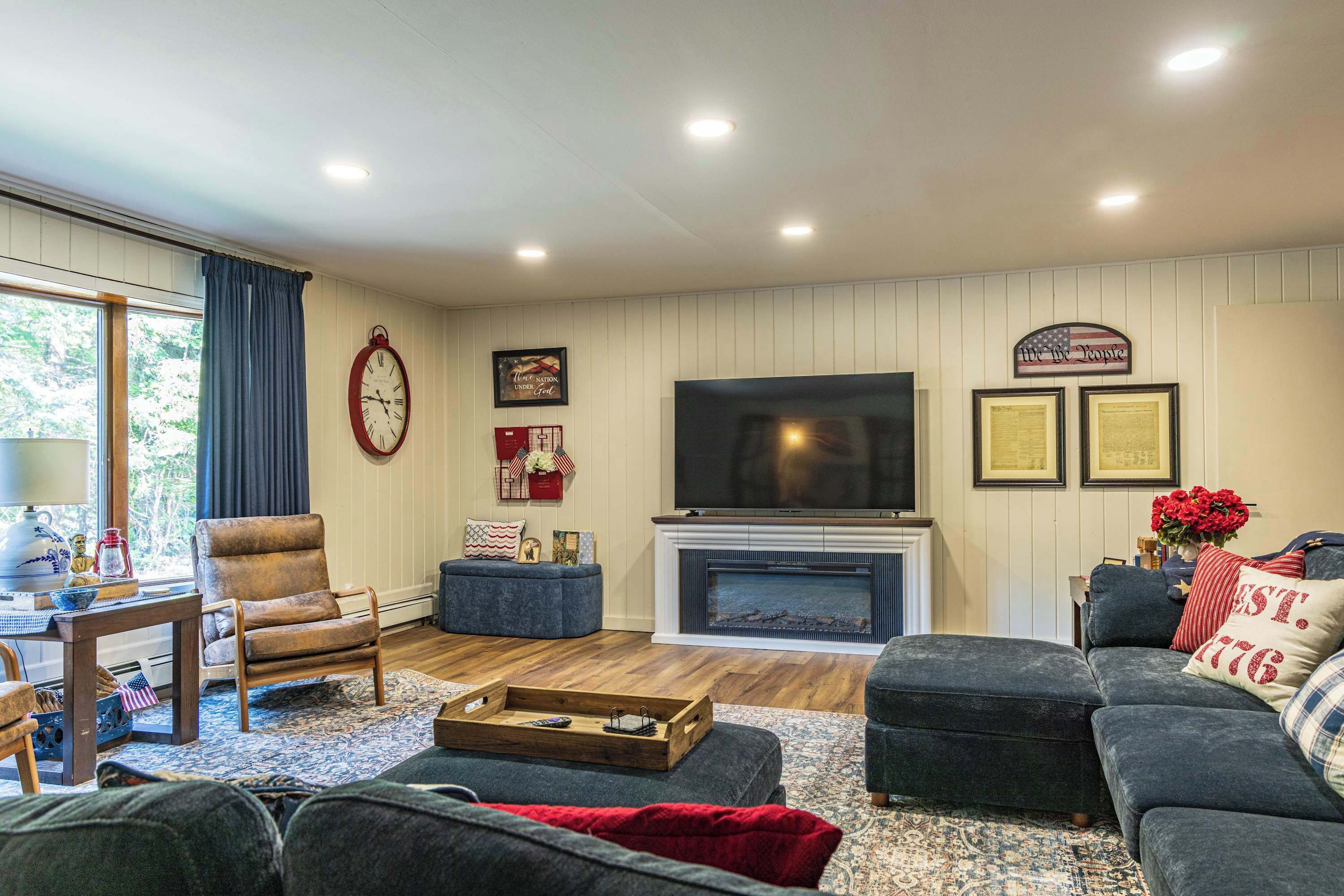 TV, fireplace, video games, foosball