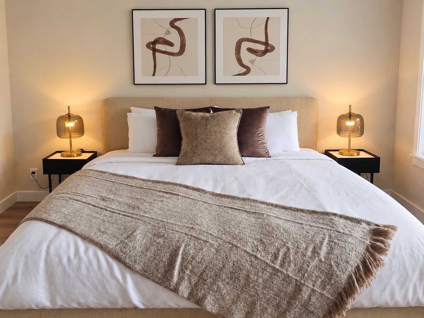 A bedroom with a large bed, two bedside tables with lamps, and two framed abstract paintings on the wall.