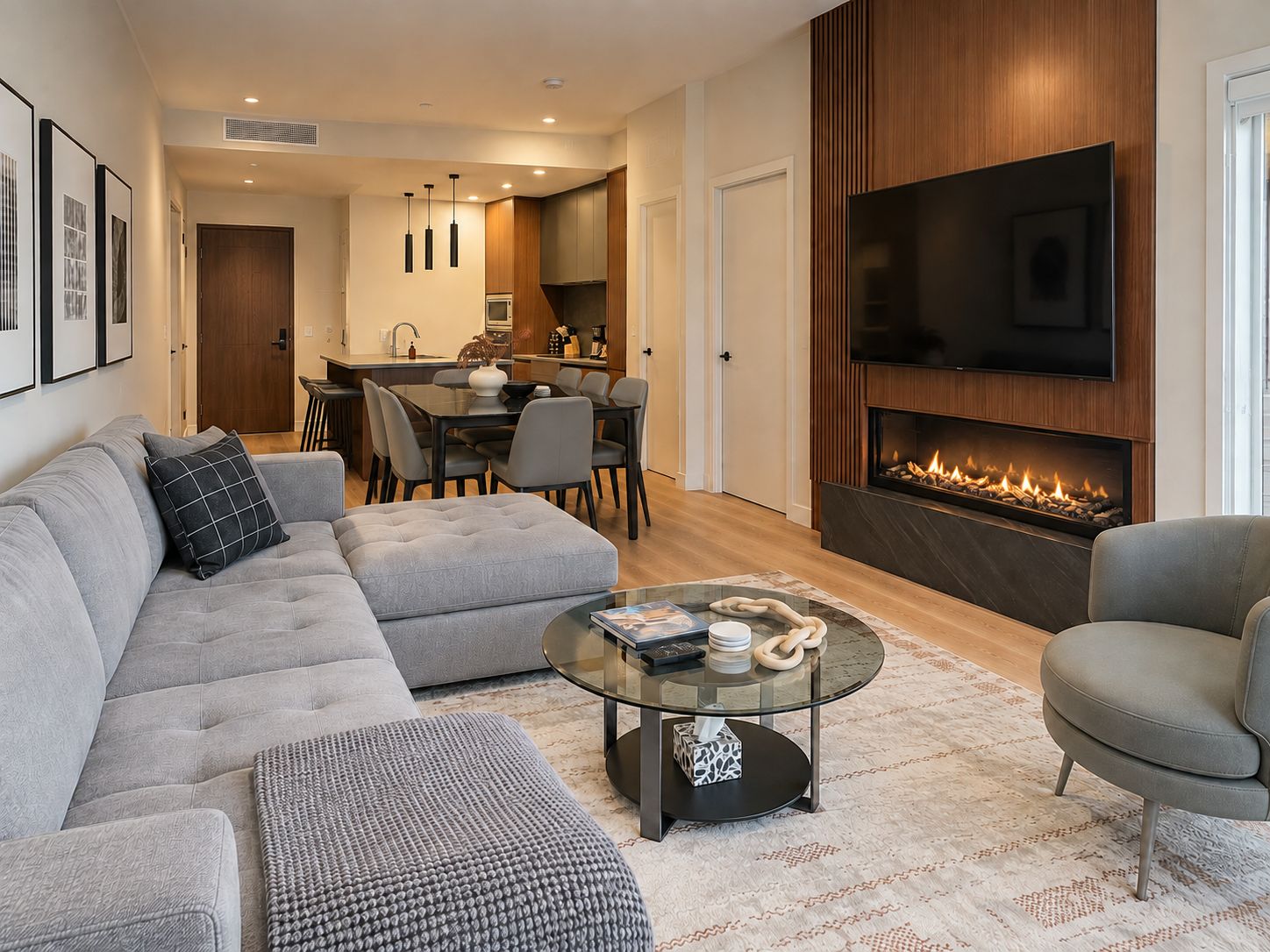 A modern living room with a sectional sofa, a glass coffee table, a fireplace, and a flat-screen TV.