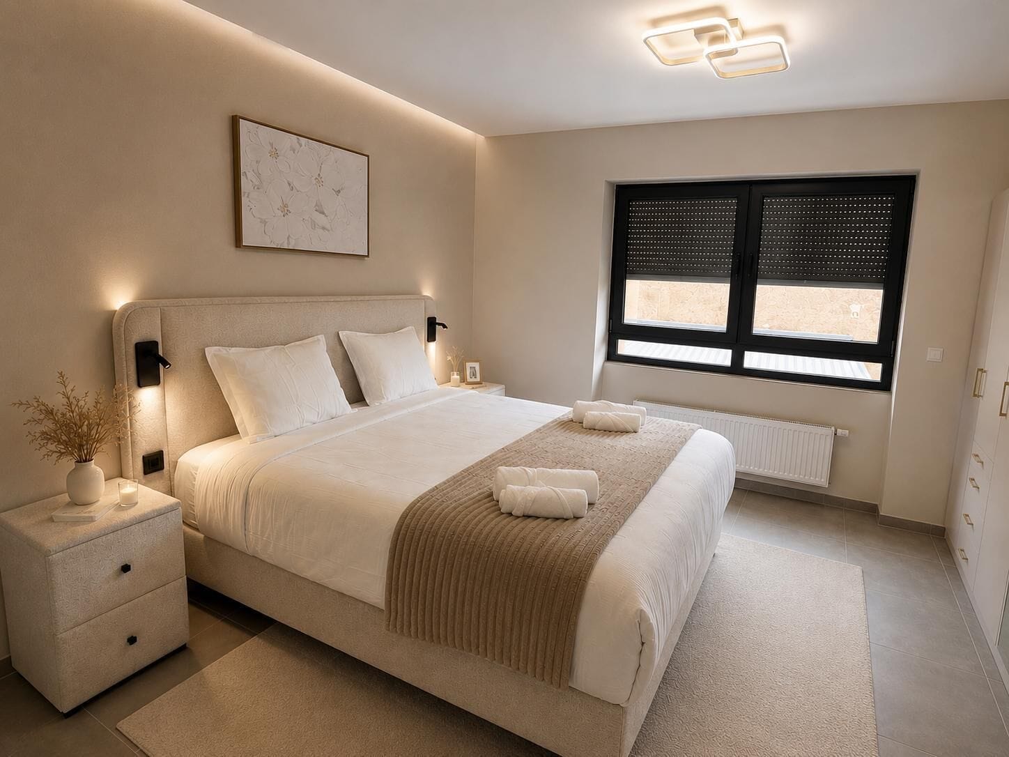 Une chambre à coucher comprenant un lit, des tables de chevet, une fenêtre avec des stores, un radiateur et un luminaire fixé au mur.