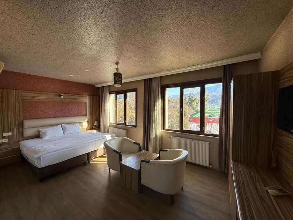 A hotel room with a bed, a desk, two chairs, a television, and large windows.