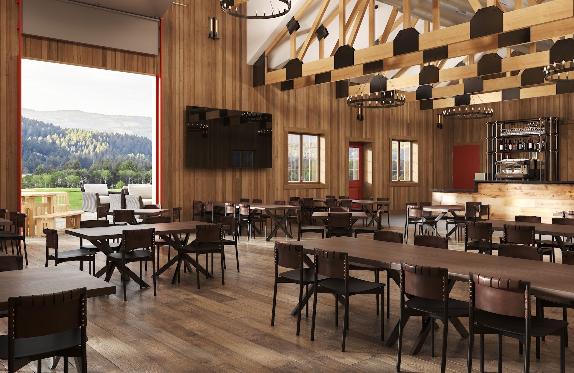 A restaurant with multiple tables and chairs, wooden walls, and a view of the outdoors.