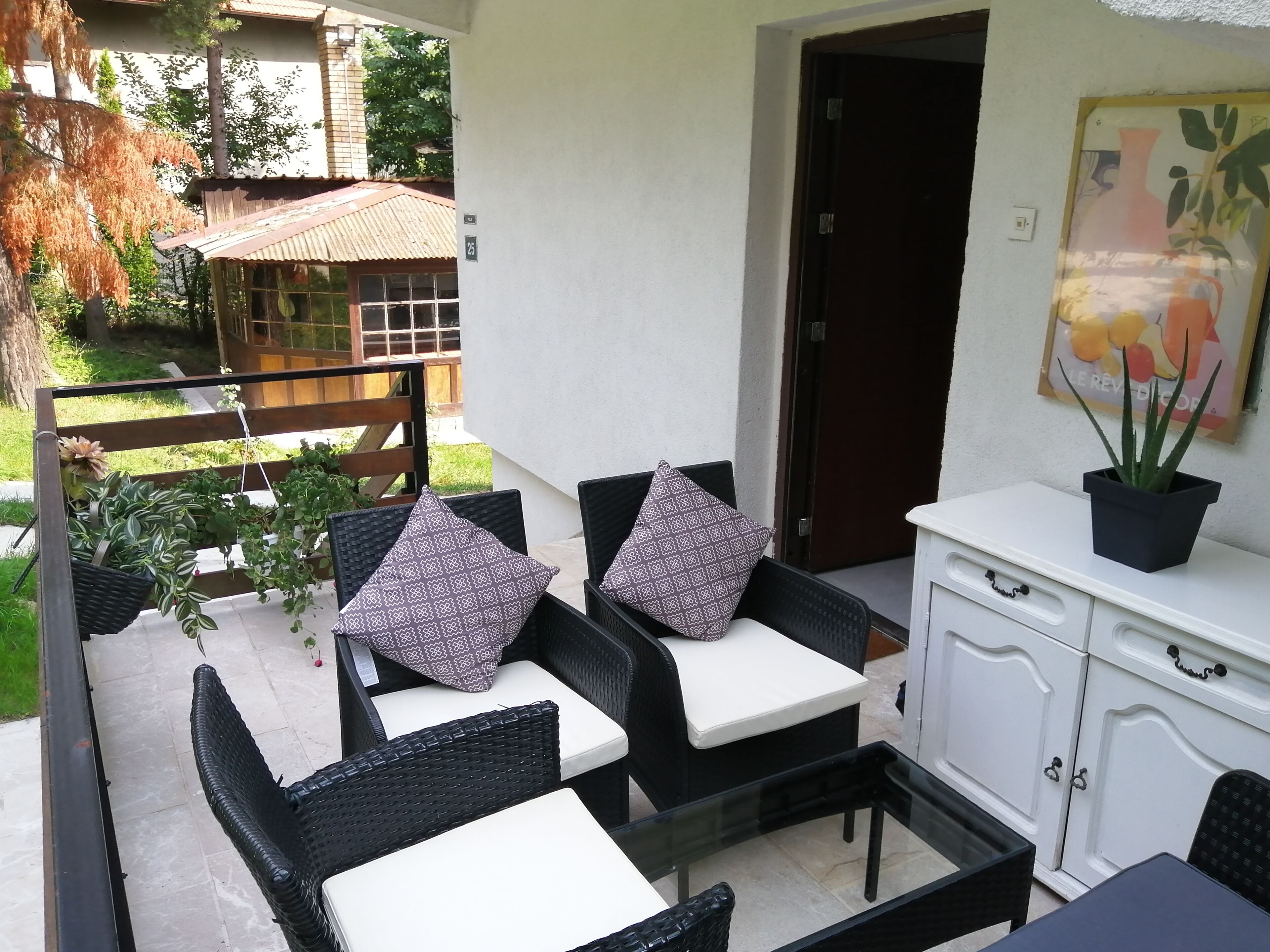 A patio area with wicker furniture, a white cabinet, and a potted plant.