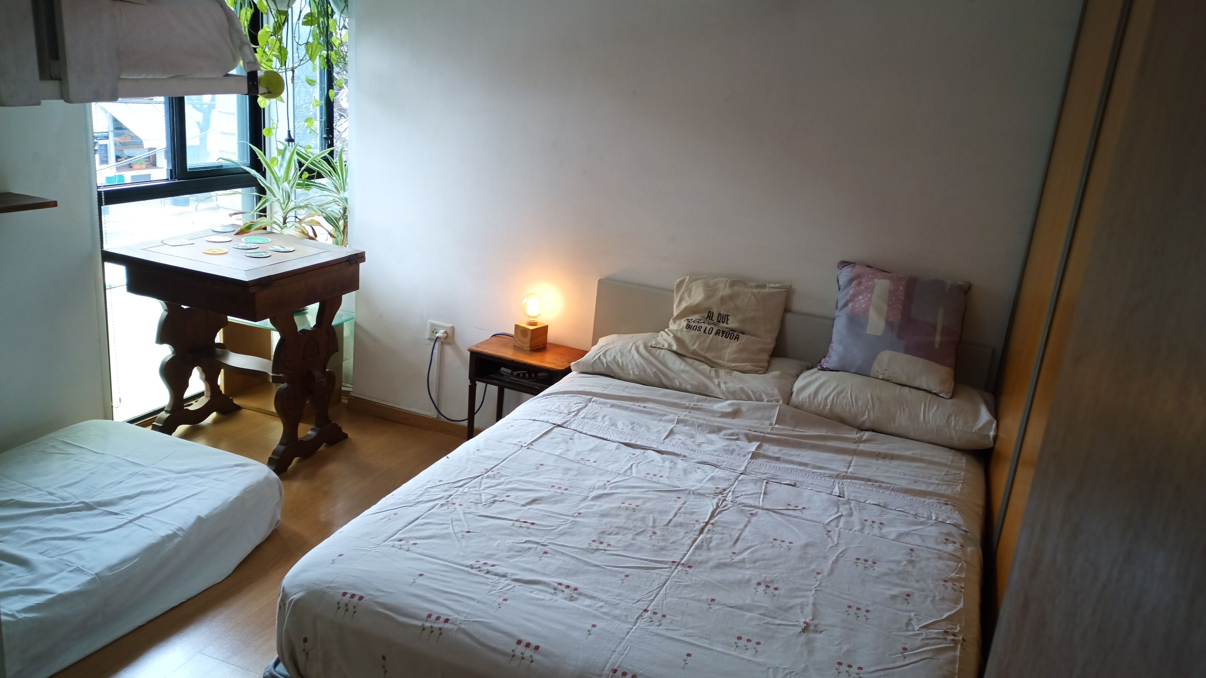 Un dormitorio con una cama, una mesita de noche con lámpara, un escritorio de madera y una ventana con plantas.