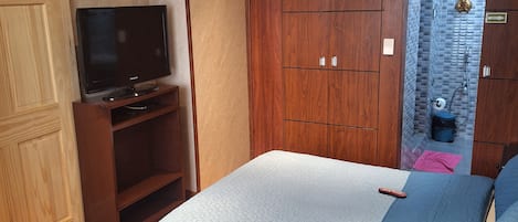 A bedroom with a bed, a television, wooden wardrobe, and a shower area.