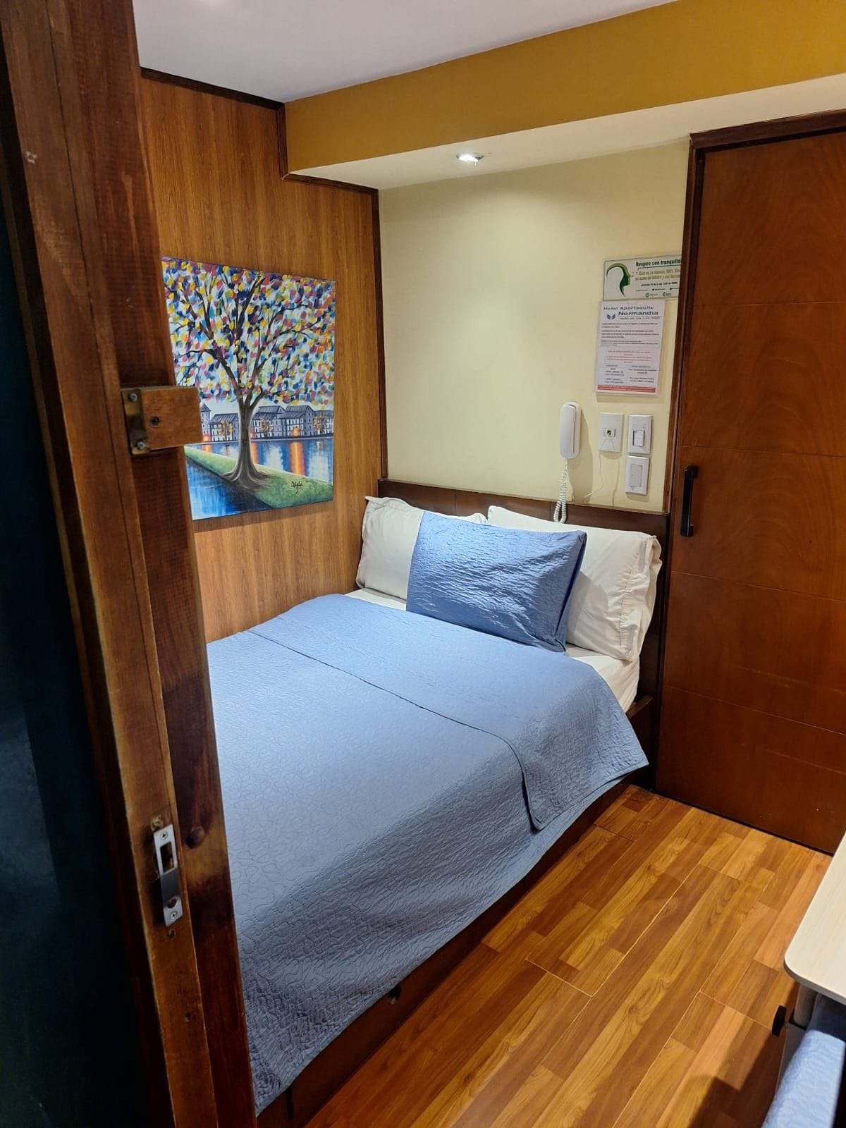 A bedroom with a bed, a wooden door, a wall-mounted phone, and a painting of a tree.
