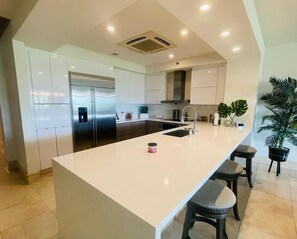 A modern kitchen with a central island, stainless steel appliances, and a potted plant. - Villa Lakeview - Plantation - Dorado Beach Resort (Dorado)