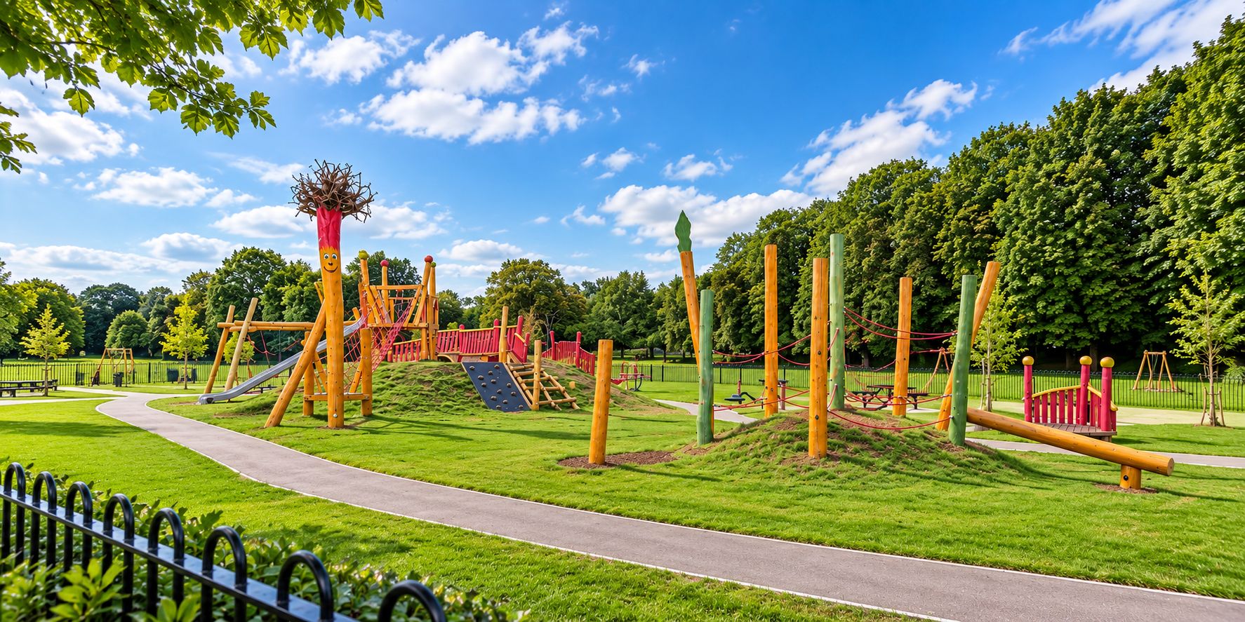 Un parque infantil con diversas estructuras de juego, un sendero para caminar y una zona cercada.