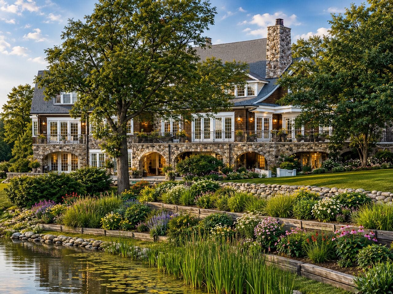 A large stone house with multiple balconies and a well-maintained garden with a pond.