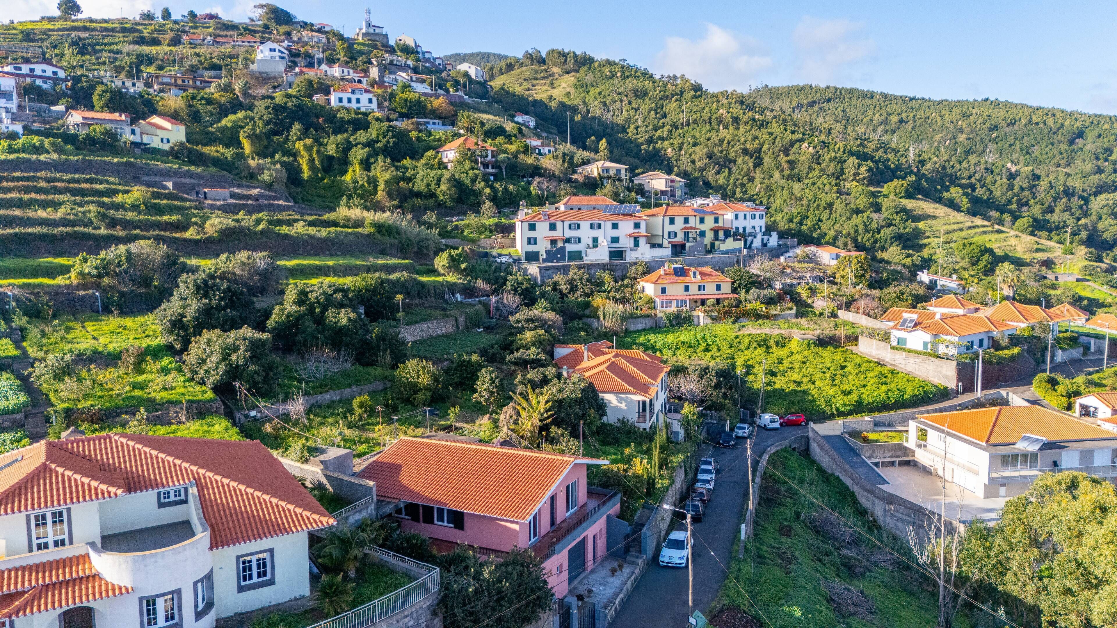 A hillside residential area with houses, a road, and a church.