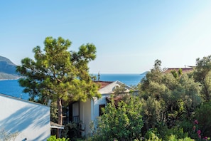 A coastal property with a view of the sea, surrounded by lush greenery and a traditional building with a tiled roof.