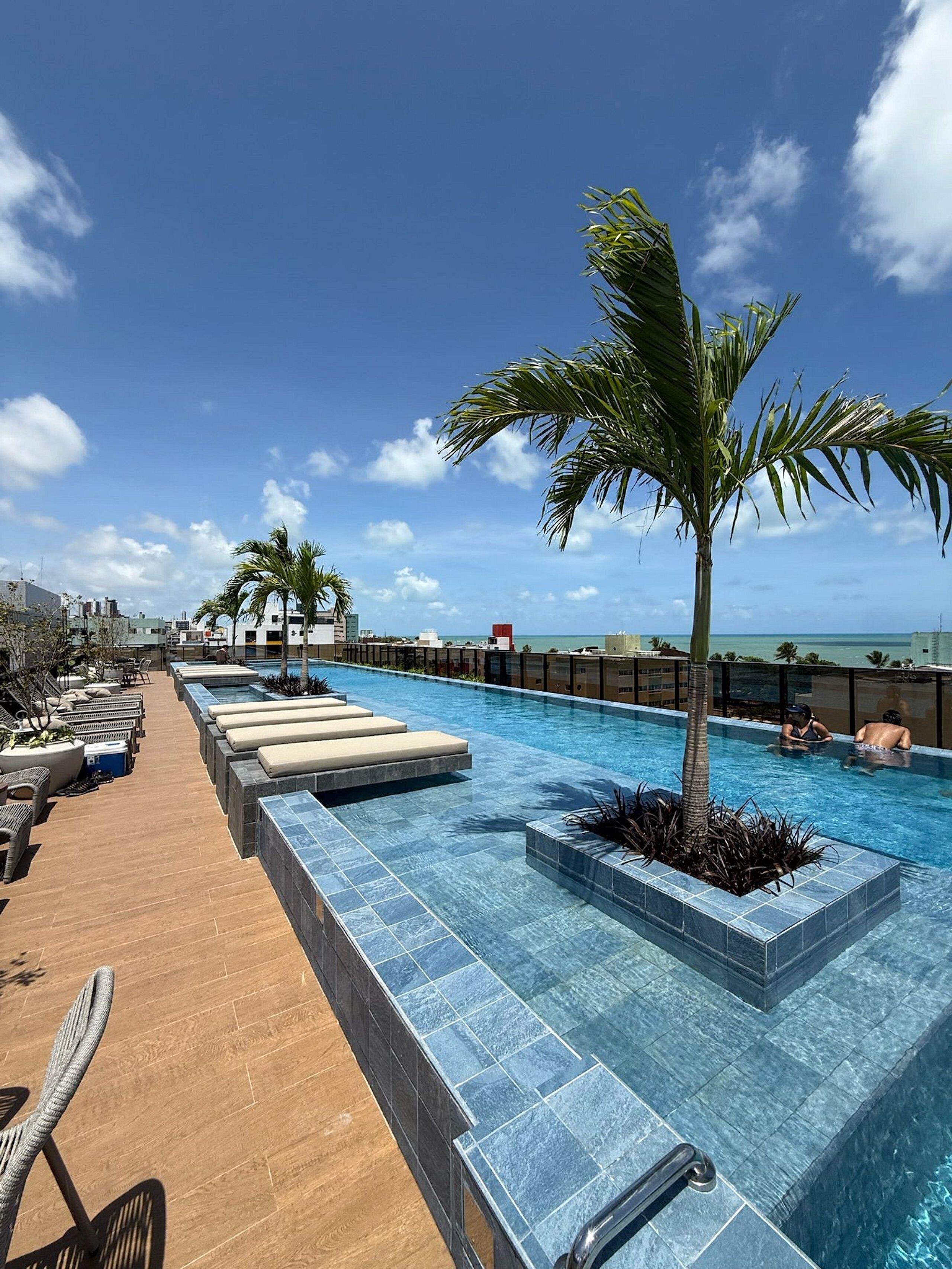 A rooftop infinity pool with lounge chairs and palm trees, overlooking a cityscape.