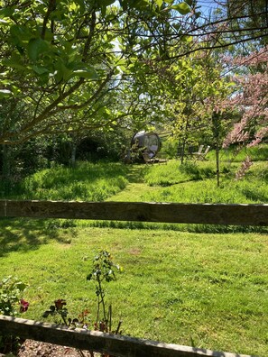 A garden with a spherical structure, wooden fence, and lush greenery. - Caldarvan - sleeps 8 guests  in 4 bedrooms (Wadebridge)