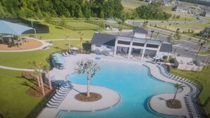 Une piscine de forme circulaire, entourée de chaises longues et de palmiers.
