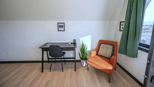 Um quarto pequeno com escrivaninha, cadeira e planta em vaso.