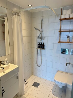 Douche, sèche-cheveux, serviettes fournies, savon