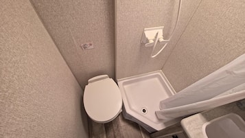 A bathroom with a toilet, a sink, and a shower area.