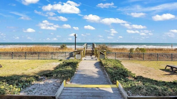 A wooden boardwalk leading to a beach with a clear sky and a few clouds. - Unobstructed Oceanfront View! 3BR, 3BA, Grand Atlantic Resort, 20th Floor Condo (Myrtle Beach)