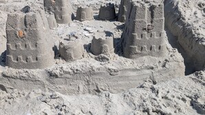 A sandy beach with a large sandcastle structure. - Unobstructed Oceanfront View! 3BR, 3BA, Grand Atlantic Resort, 20th Floor Condo (Myrtle Beach)