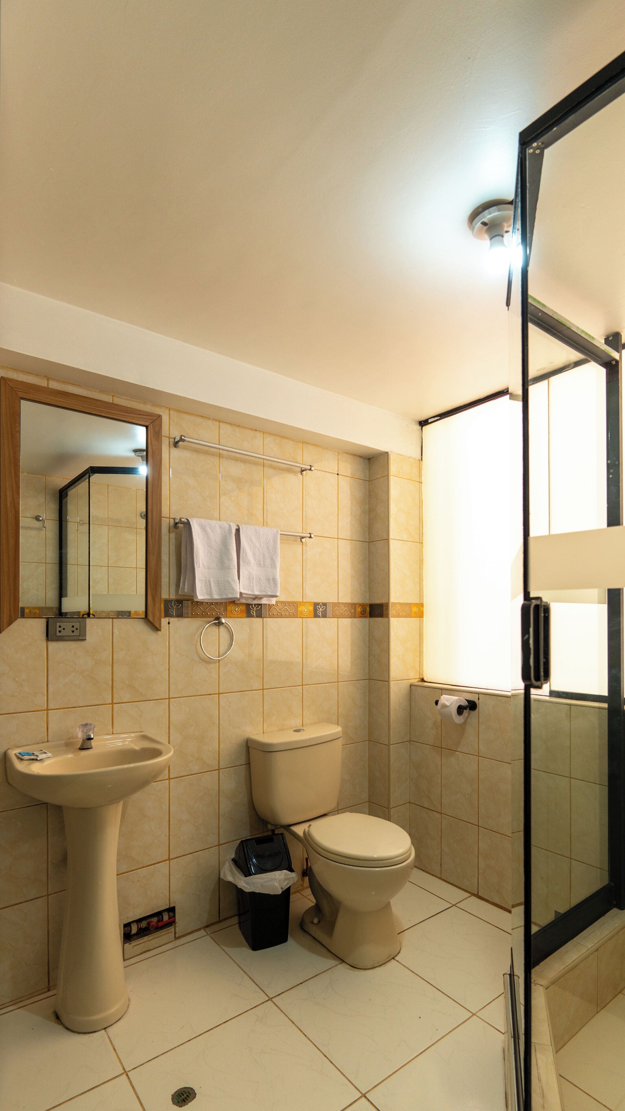 Douche, sèche-cheveux, serviettes fournies, savon