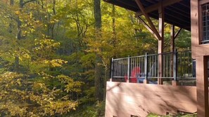 A wooden building with a balcony overlooking a forested area.