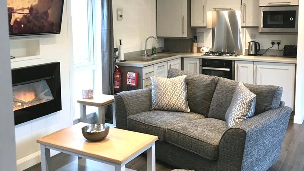 Una sala de estar moderna con chimenea, un sofá, una mesa de centro y una cocina al fondo.