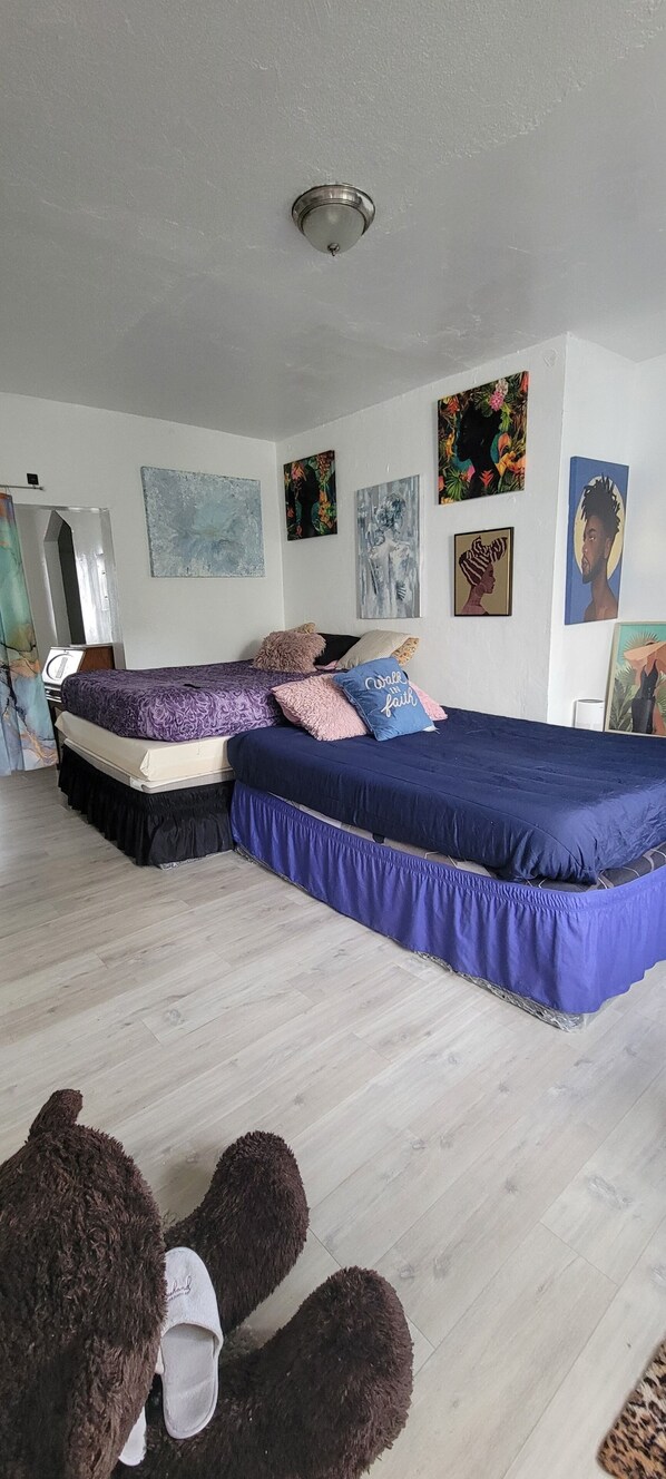 Un dormitorio con dos camas, una lámpara en el techo y varias obras de arte en las paredes.