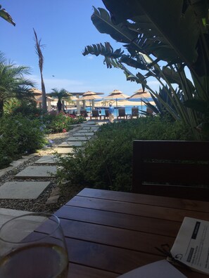 A pathway leading to a pool area with lounge chairs and umbrellas. - Posh 2-bedroom condo in charming Cabo with AC, kitchen and 2.5 baths.Ocean view. (Cabo San Lucas)