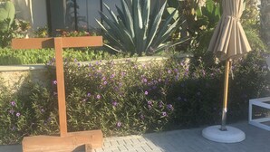 A paved area with a wooden bench, a potted plant, and an umbrella stand. - Posh 2-bedroom condo in charming Cabo with AC, kitchen and 2.5 baths.Ocean view. (Cabo San Lucas)