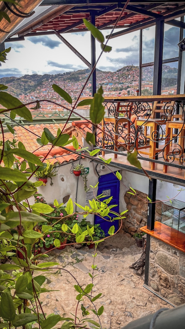 A balcony with a view of a cityscape, a blue door, and potted plants.