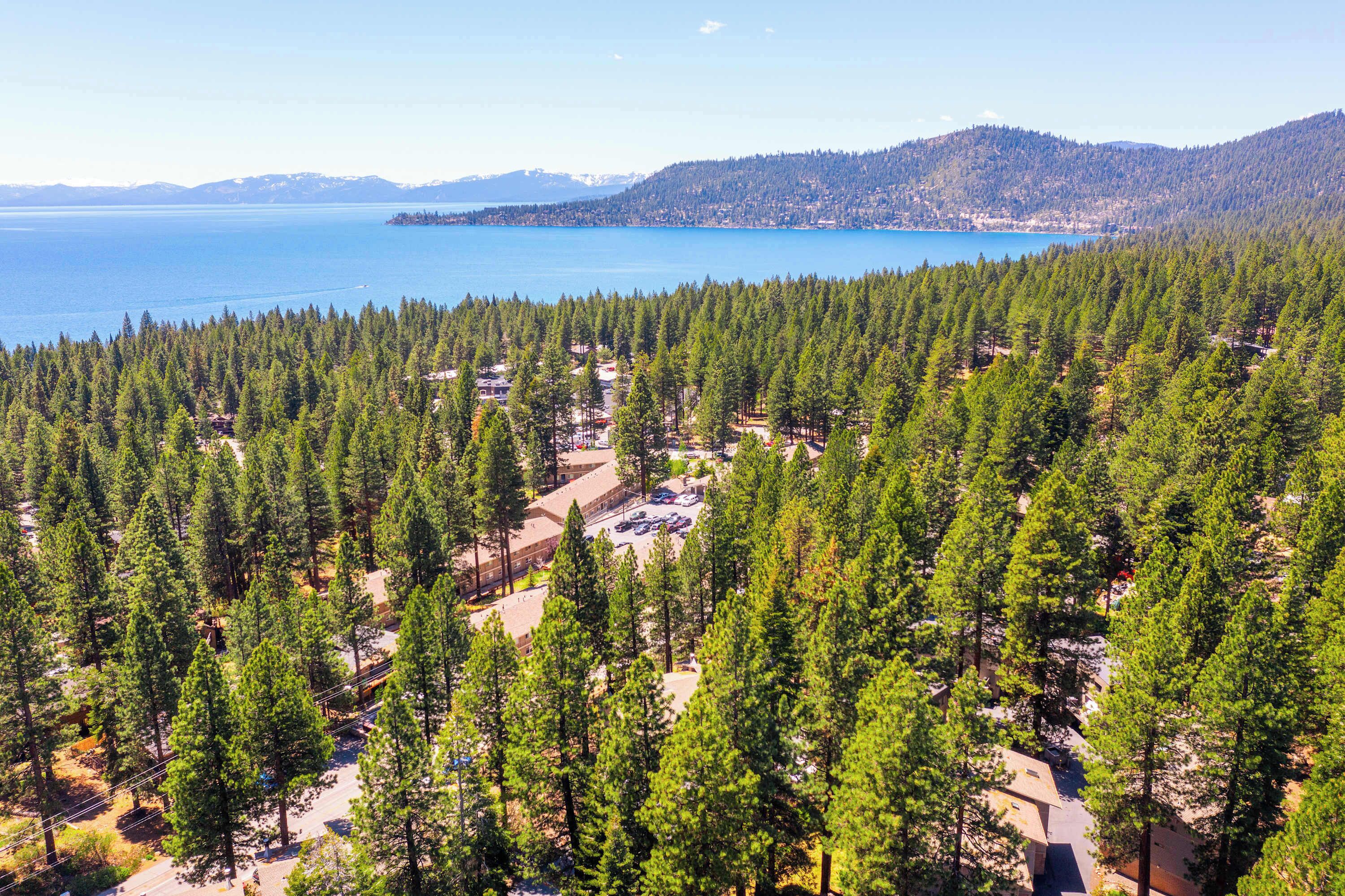 A forested area with a parking lot and buildings, overlooking a large body of water and distant mountains.
