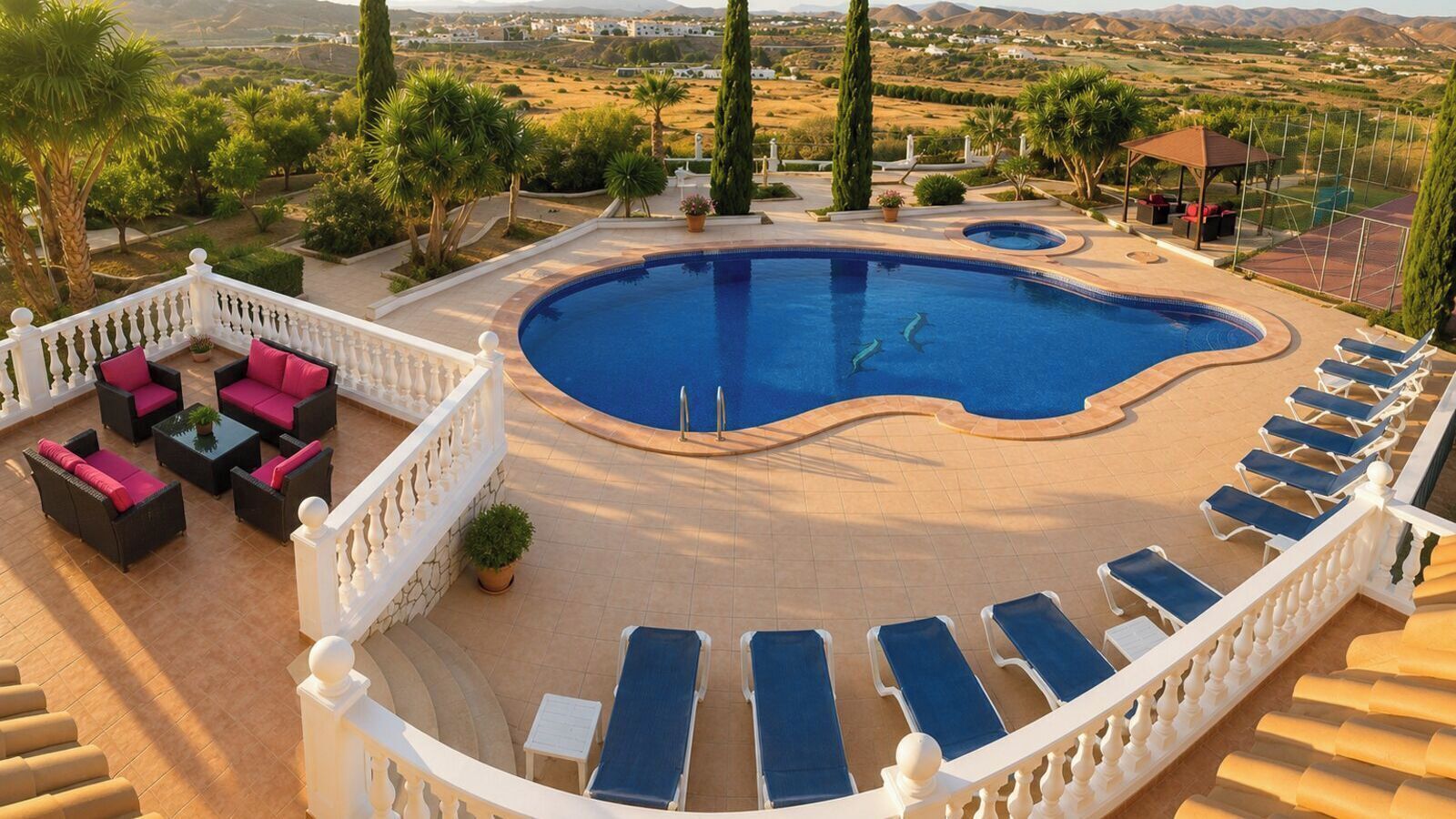 A pool area with lounge chairs, a seating area with sofas, and a view of the surrounding landscape.